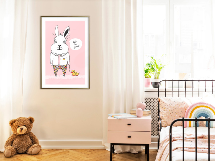 Wall Poster Bunny's Friend - rabbit character holding a duckling on a pink background 122756 additionalImage 13