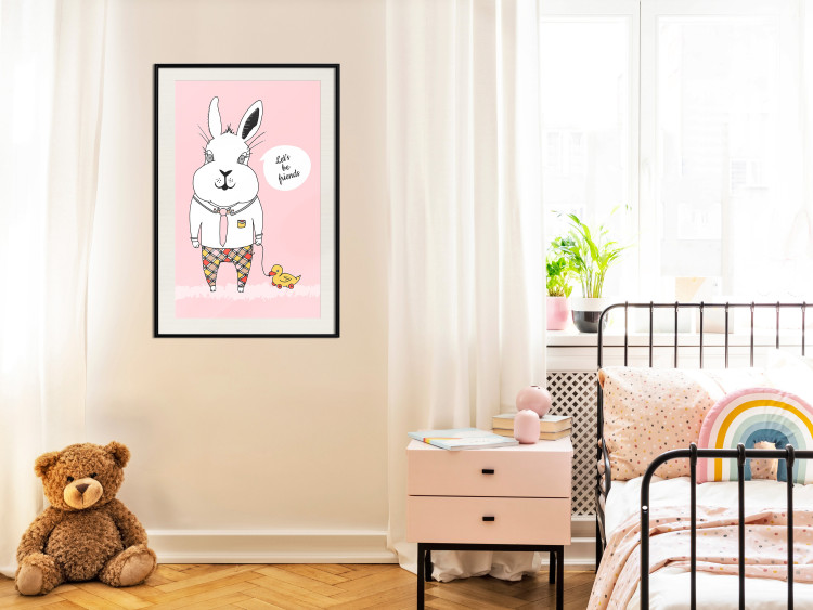 Wall Poster Bunny's Friend - rabbit character holding a duckling on a pink background 122756 additionalImage 22