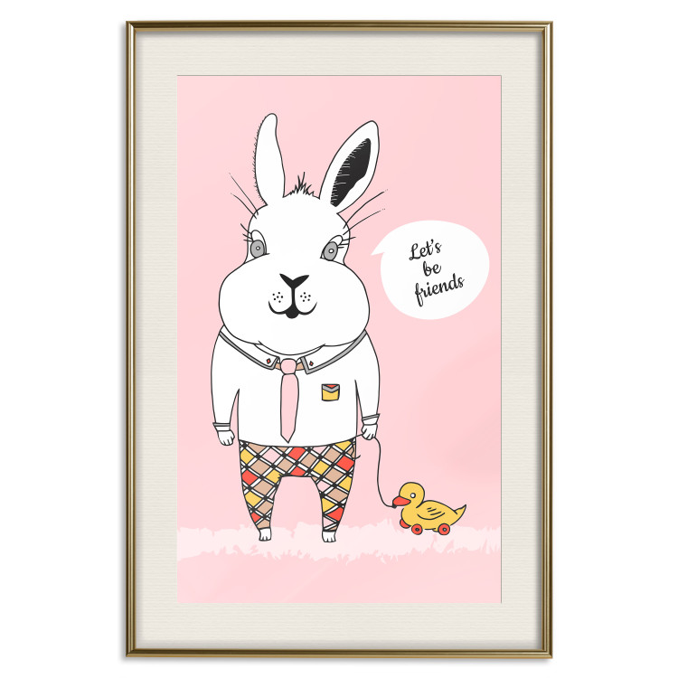 Wall Poster Bunny's Friend - rabbit character holding a duckling on a pink background 122756 additionalImage 19