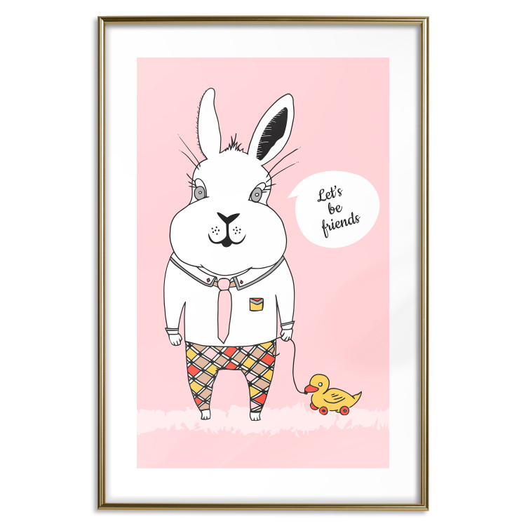 Wall Poster Bunny's Friend - rabbit character holding a duckling on a pink background 122756 additionalImage 14