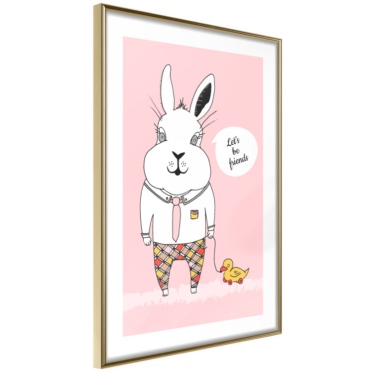 Wall Poster Bunny's Friend - rabbit character holding a duckling on a pink background 122756 additionalImage 8