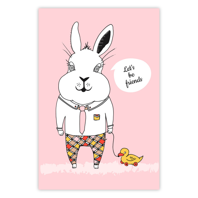 Wall Poster Bunny's Friend - rabbit character holding a duckling on a pink background 122756