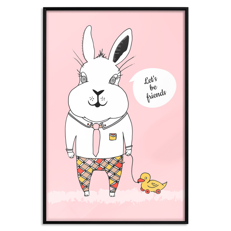 Wall Poster Bunny's Friend - rabbit character holding a duckling on a pink background 122756 additionalImage 18