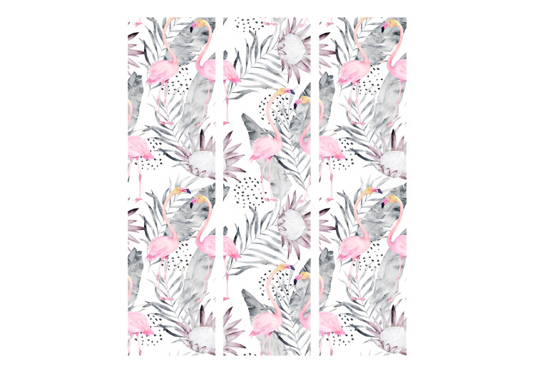 Folding Screen Flamingos and Twigs (3-piece) - pink birds surrounded by plants 124356 additionalImage 3