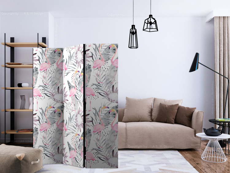 Folding Screen Flamingos and Twigs (3-piece) - pink birds surrounded by plants 124356 additionalImage 4