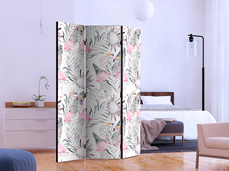 Folding Screen Flamingos and Twigs (3-piece) - pink birds surrounded by plants 124356 additionalImage 2