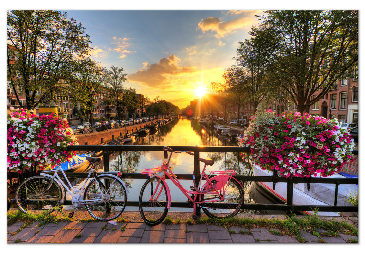 Canvas Print Bicycle City (1-part) wide - city river landscape of Amsterdam 128356