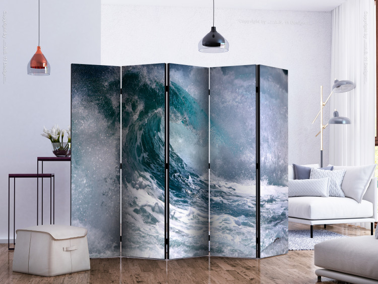 Folding Screen On the Wave II (5-piece) - turbulent sea in shades of blue 132756 additionalImage 2