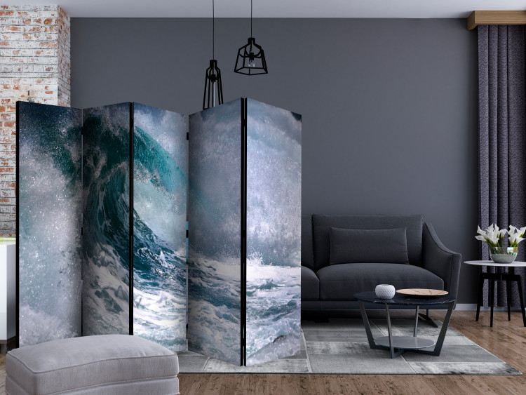 Folding Screen On the Wave II (5-piece) - turbulent sea in shades of blue 132756 additionalImage 4