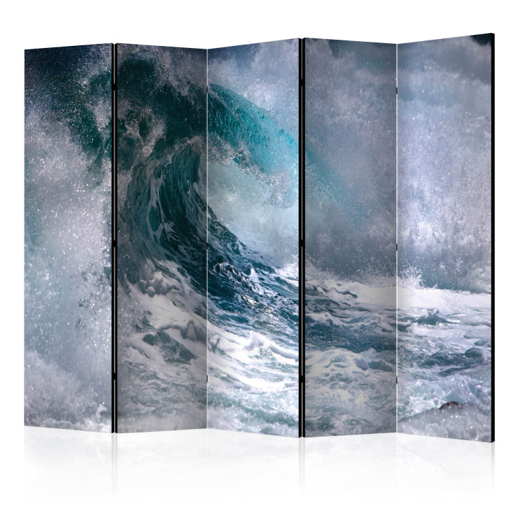 Folding Screen On the Wave II (5-piece) - turbulent sea in shades of blue 132756