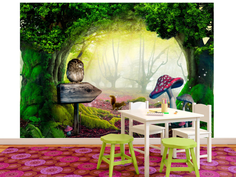 Wall Mural Our Corner - Imaginary Landscape with Green Forest and Owl in the Center 60556