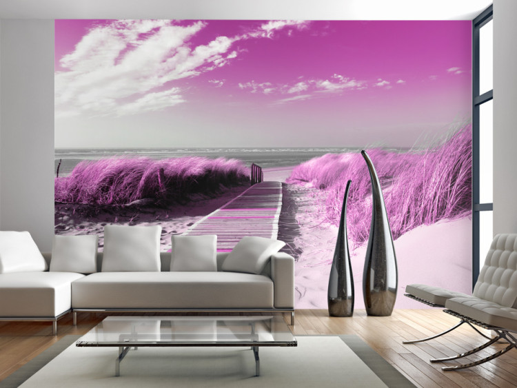 Photo Wallpaper Wooden descent - purple landscape of a sandy beach by the sea 88956