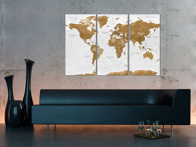 Canvas Print World Map: White Poetry (3-part) - brown continents on white 94556 additionalImage 3