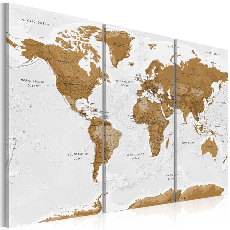 Canvas Print World Map: White Poetry (3-part) - brown continents on white 94556 additionalImage 2