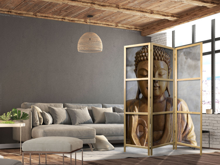 Room Separator Buddha - wooden Buddha texture on a gray background in an oriental motif 97356 additionalImage 6
