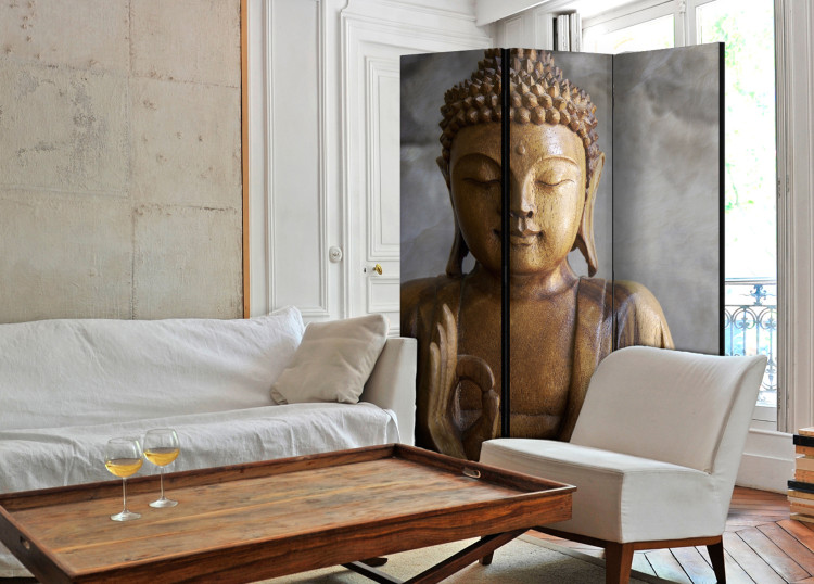Room Separator Buddha - wooden Buddha texture on a gray background in an oriental motif 97356 additionalImage 4