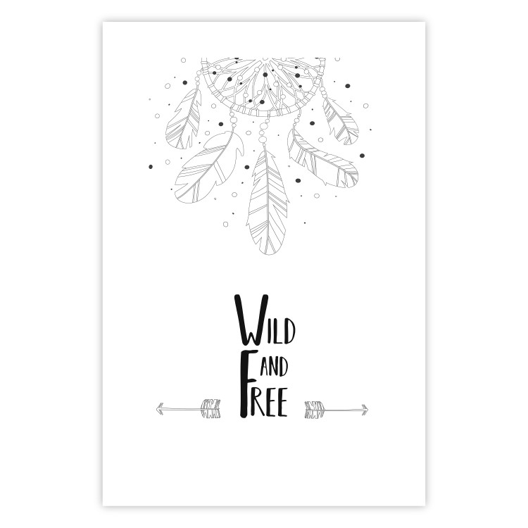 Poster Wild and Free - black and white hanging feathers above English texts 123366 additionalImage 25