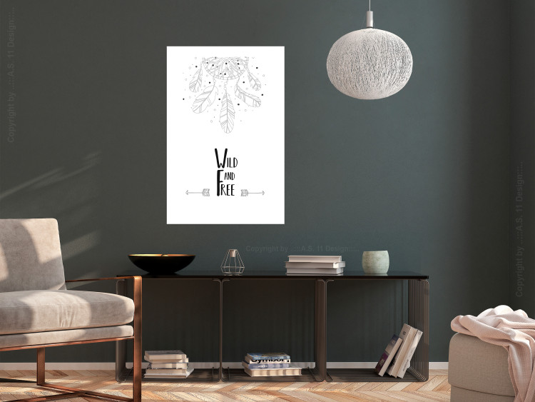 Poster Wild and Free - black and white hanging feathers above English texts 123366 additionalImage 2