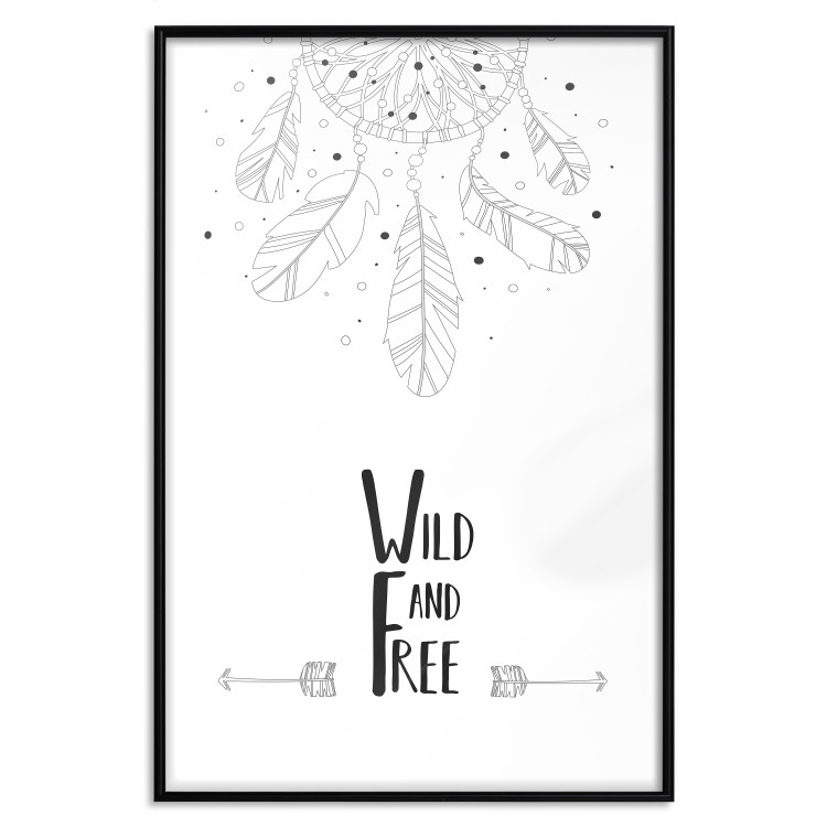 Poster Wild and Free - black and white hanging feathers above English texts 123366 additionalImage 24