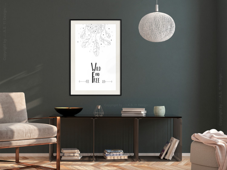 Poster Wild and Free - black and white hanging feathers above English texts 123366 additionalImage 22