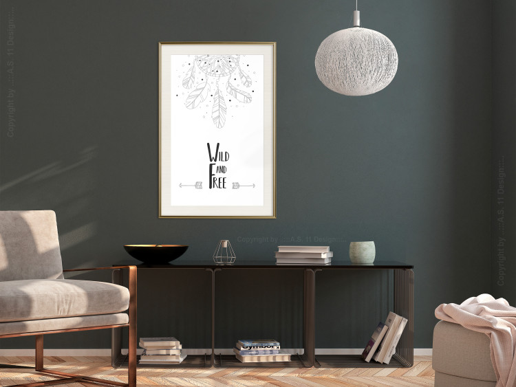 Poster Wild and Free - black and white hanging feathers above English texts 123366 additionalImage 21
