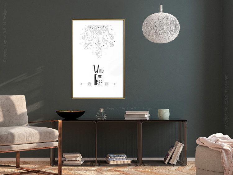 Poster Wild and Free - black and white hanging feathers above English texts 123366 additionalImage 15