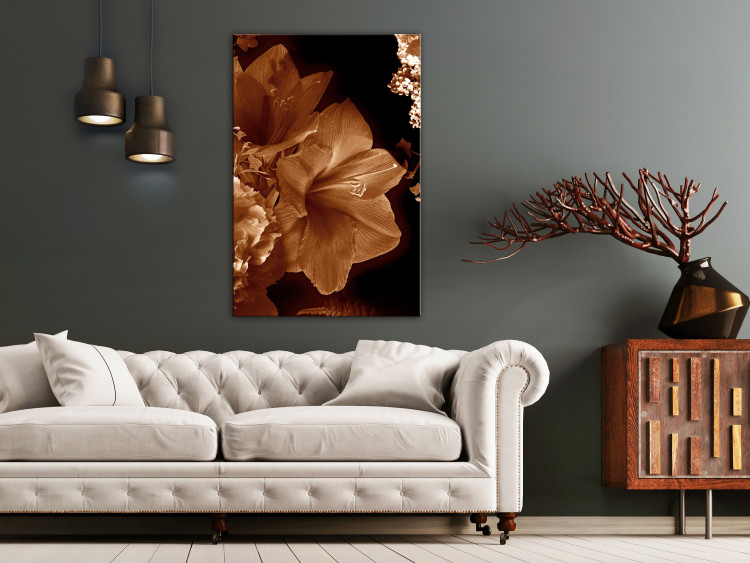 Canvas Lilies in sepia - minimalistic photo of flowers on dark background 123866 additionalImage 3