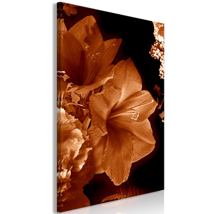 Canvas Lilies in sepia - minimalistic photo of flowers on dark background 123866 additionalImage 2