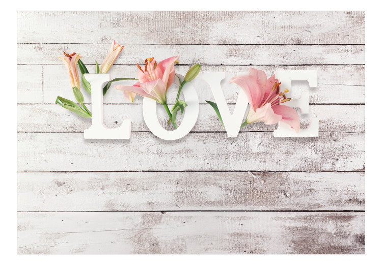 Photo Wallpaper Flowers in love - inscription in English on a light background with wood texture 132166 additionalImage 1