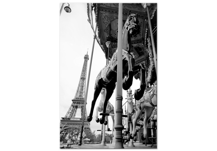 Canvas Art Print Paris carousel - black and white photo with view of the Eiffel Tower 132266