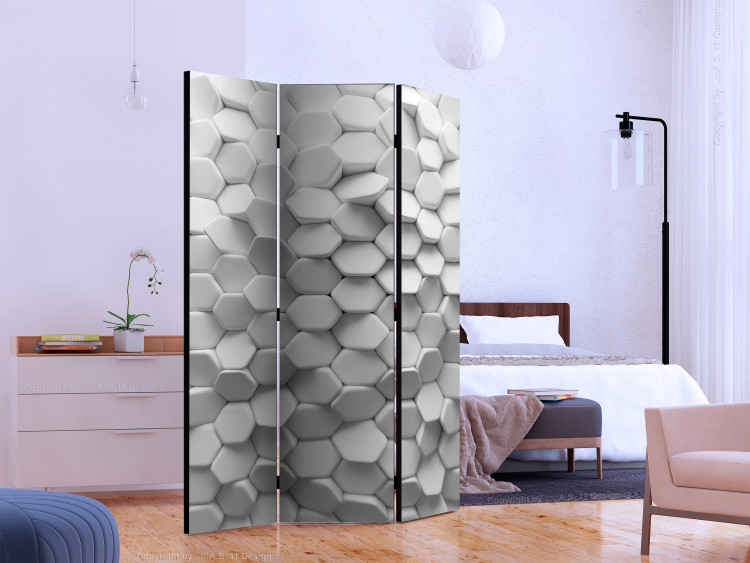 Room Divider Screen White Enigma (3-piece) - composition in geometric gray 3D pattern 133466 additionalImage 2