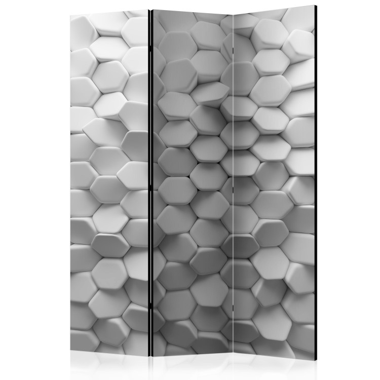 Room Divider Screen White Enigma (3-piece) - composition in geometric gray 3D pattern 133466