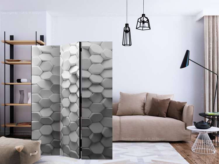 Room Divider Screen White Enigma (3-piece) - composition in geometric gray 3D pattern 133466 additionalImage 4