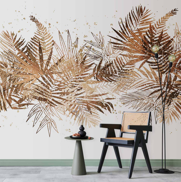 Photo Wallpaper Jungle and golden plume - tropical leaves motif on white background 143166