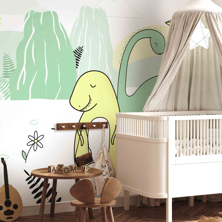 Wall Mural Children's landscape - plant and dinosaur motif in colour on a light background 143666 additionalImage 4