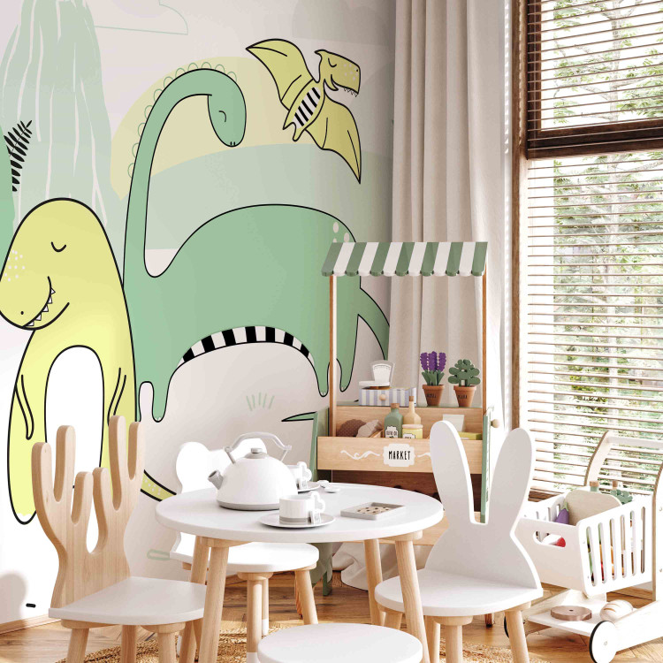 Wall Mural Children's landscape - plant and dinosaur motif in colour on a light background 143666 additionalImage 6
