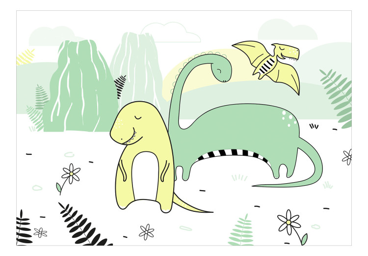 Wall Mural Children's landscape - plant and dinosaur motif in colour on a light background 143666 additionalImage 1