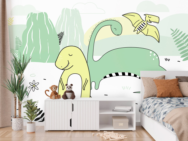 Wall Mural Children's landscape - plant and dinosaur motif in colour on a light background 143666