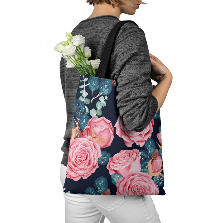 Shopping Bag The essence of delicacy - pink flowers and leaves on a dark background 147466 additionalImage 3