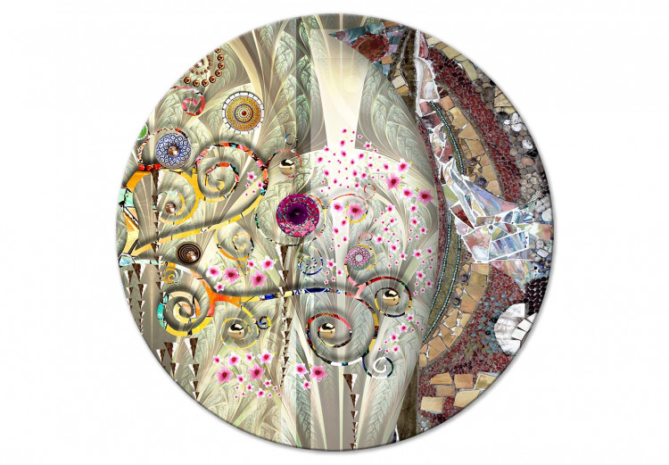 Round Canvas Colorful Mosaic - Gustav Klimt Style Abstract With Flowers 148766