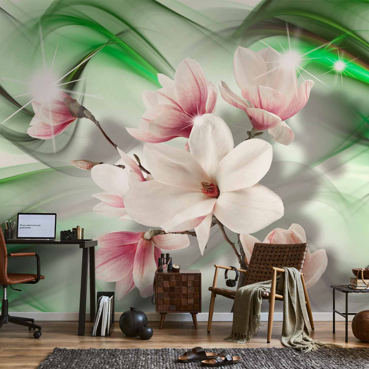 Wall Mural Magnolias on a branch - white flowers on a background of green patterns with sparkle 62466 additionalImage 4