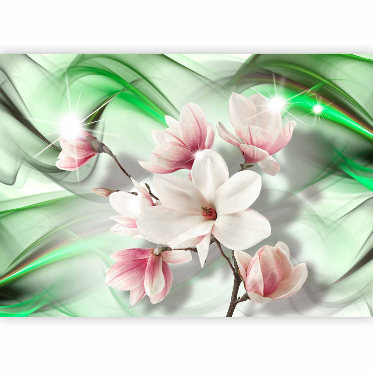 Wall Mural Magnolias on a branch - white flowers on a background of green patterns with sparkle 62466 additionalImage 1