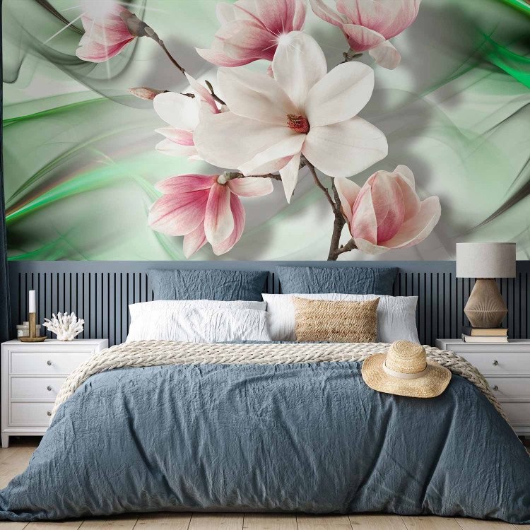 Wall Mural Magnolias on a branch - white flowers on a background of green patterns with sparkle 62466 additionalImage 2