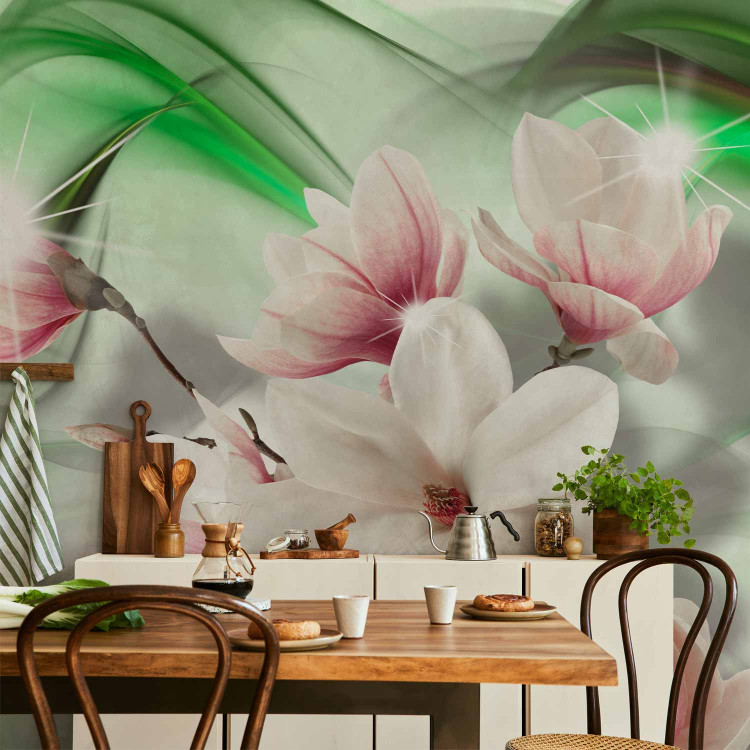 Wall Mural Magnolias on a branch - white flowers on a background of green patterns with sparkle 62466 additionalImage 6