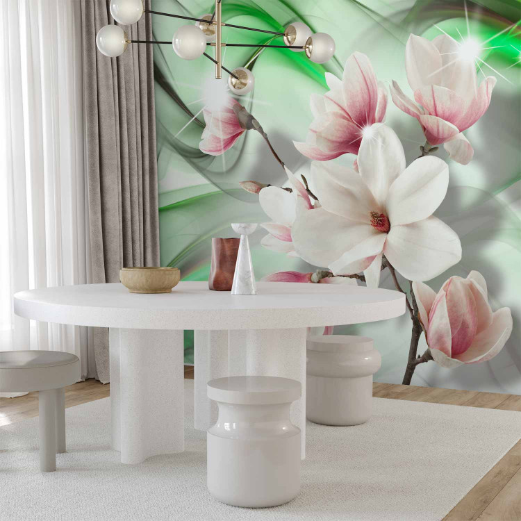 Wall Mural Magnolias on a branch - white flowers on a background of green patterns with sparkle 62466 additionalImage 7