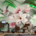 Wall Mural Magnolias on a branch - white flowers on a background of green patterns with sparkle 62466 additionalThumb 4