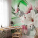 Wall Mural Magnolias on a branch - white flowers on a background of green patterns with sparkle 62466