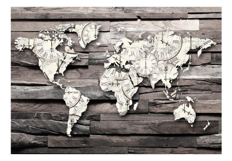 Wall Mural Passing time of the Earth - map of the world with a clock motif on grey wood 63866 additionalImage 1