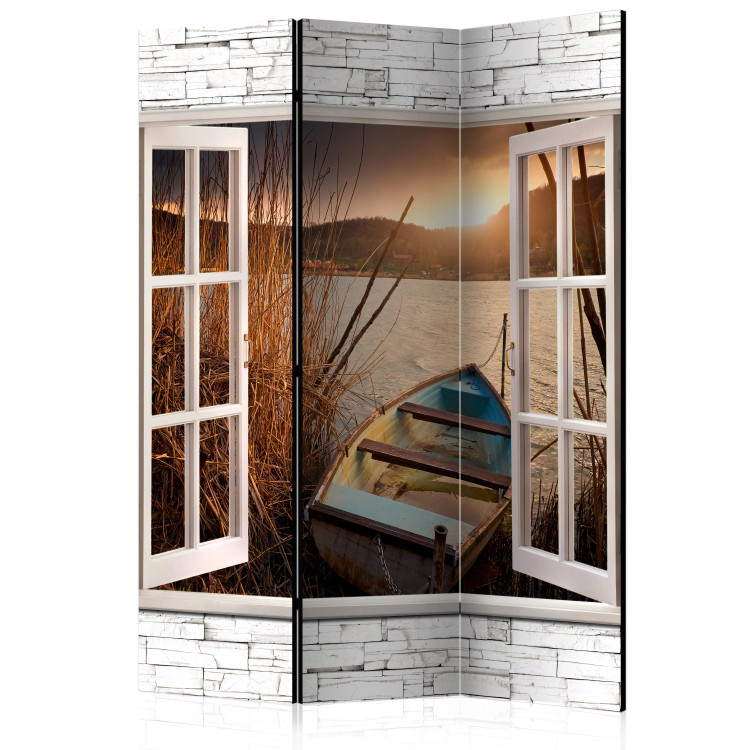Room Separator Autumn Lake - stone texture window overlooking a boat and water 95966