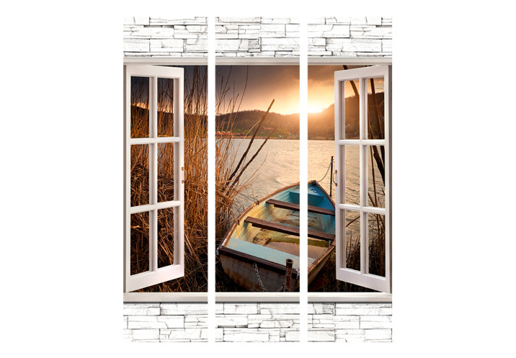 Room Separator Autumn Lake - stone texture window overlooking a boat and water 95966 additionalImage 3